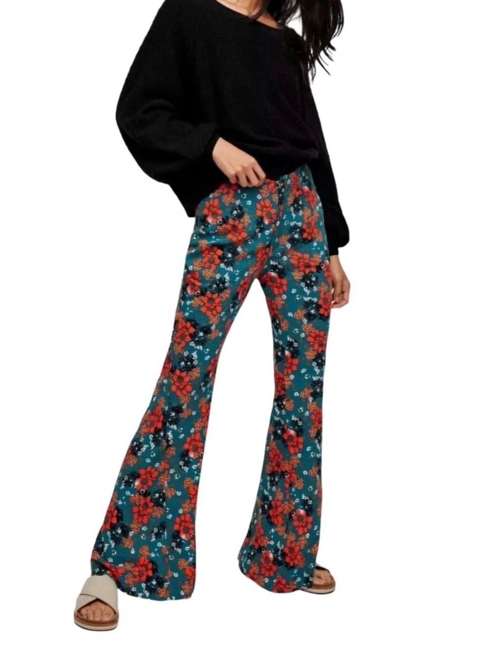 Free People Teal Floral Boot-Cut Pants